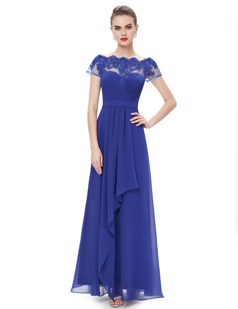 Boat Neck Sheer Lace Top Bridesmaid Dress Royal Blue