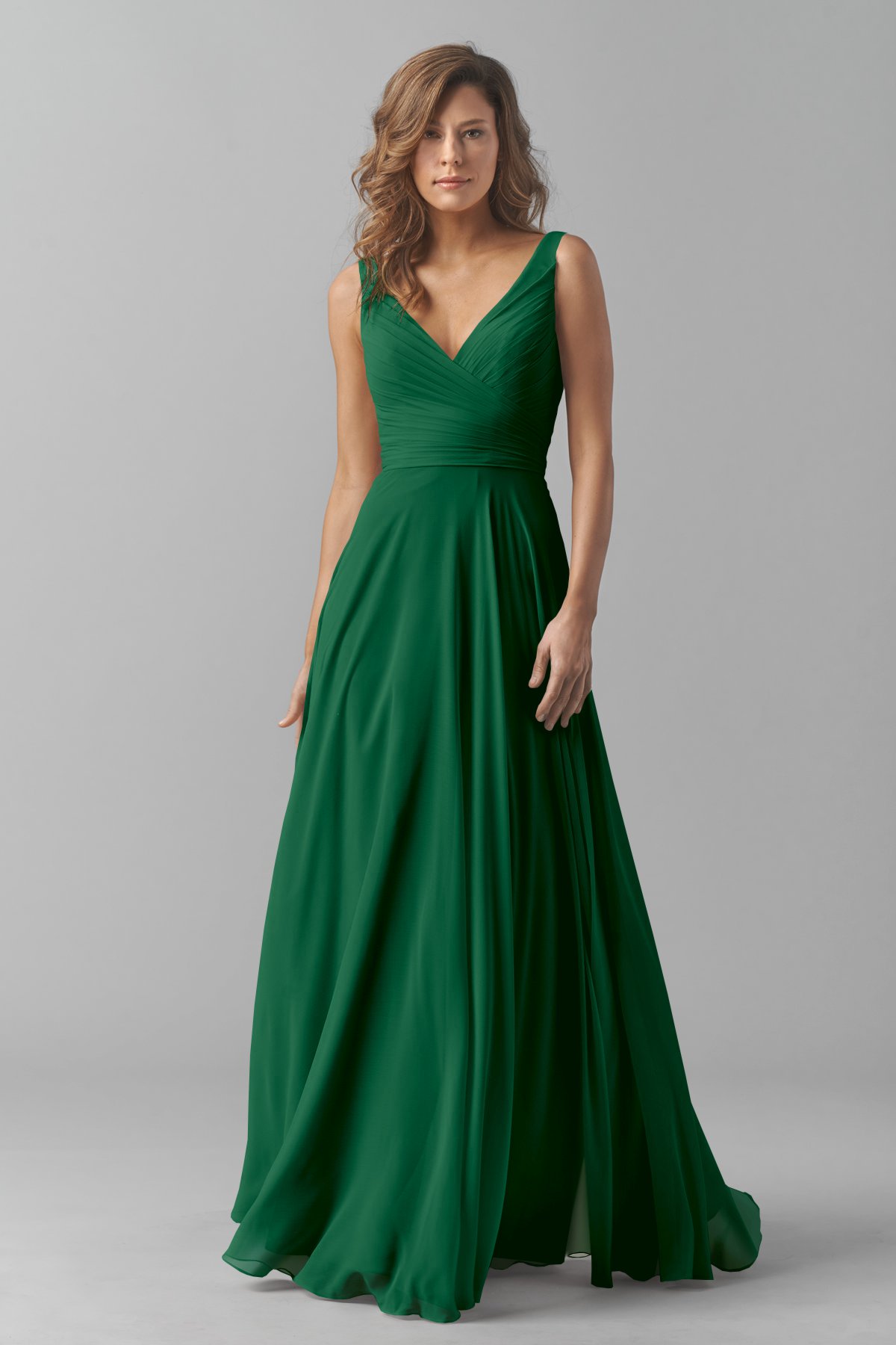 Emerald Green V neck Long bridesmaid dress