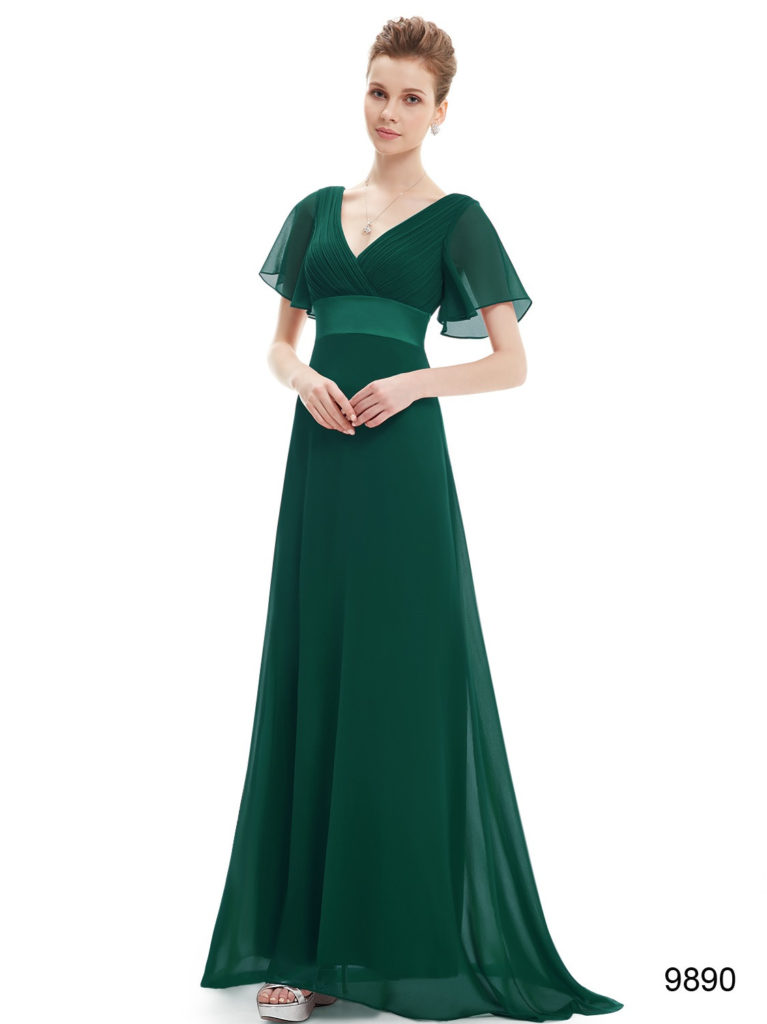 Long Green Double V-Neck Ruffles Bridesmaid Dress