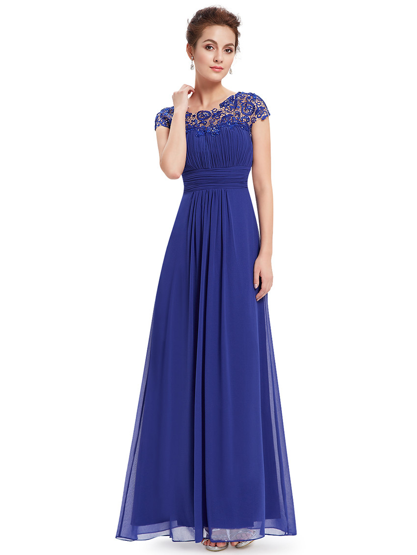 Royal Blue Lacey Neckline Ruched Bust Bridesmaid Dress
