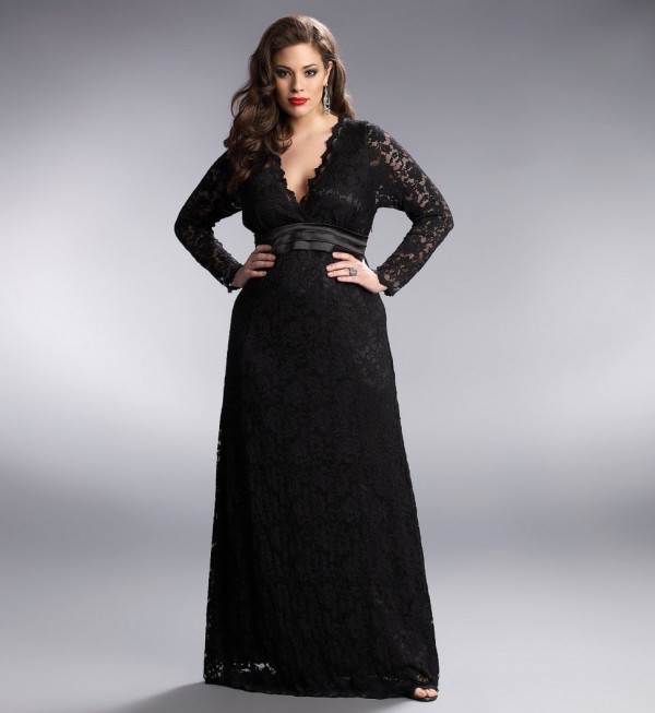 V neck plus size black bridesmaid dresses with Long sleeves