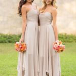 beige bridesmaid dresses with pink flowers