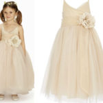 beige double straps ankle length tulle layered flower girl dress