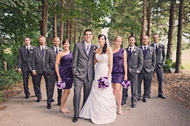 deep purple bridesmaid dresses with dk gray tuxedos