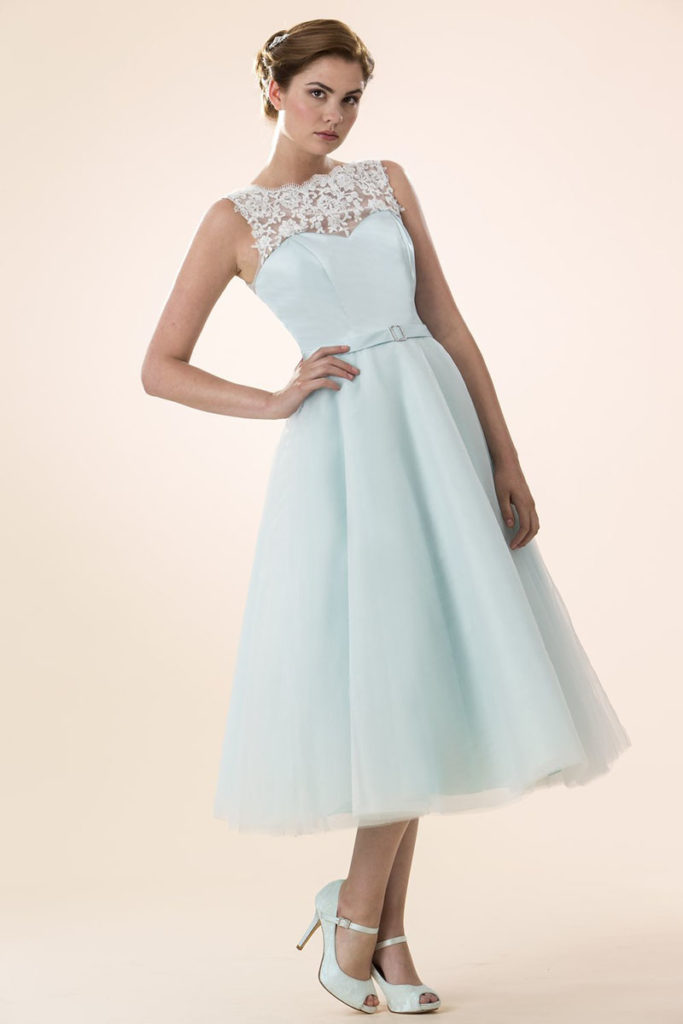tea length pale blue bridesmaid dresses