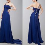Beaded One-Shoulder Blue Long Chiffon Evening Dress