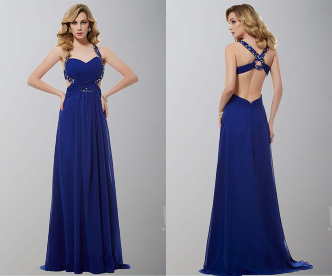 Blue Backless Cross Strap Long Prom Dresses