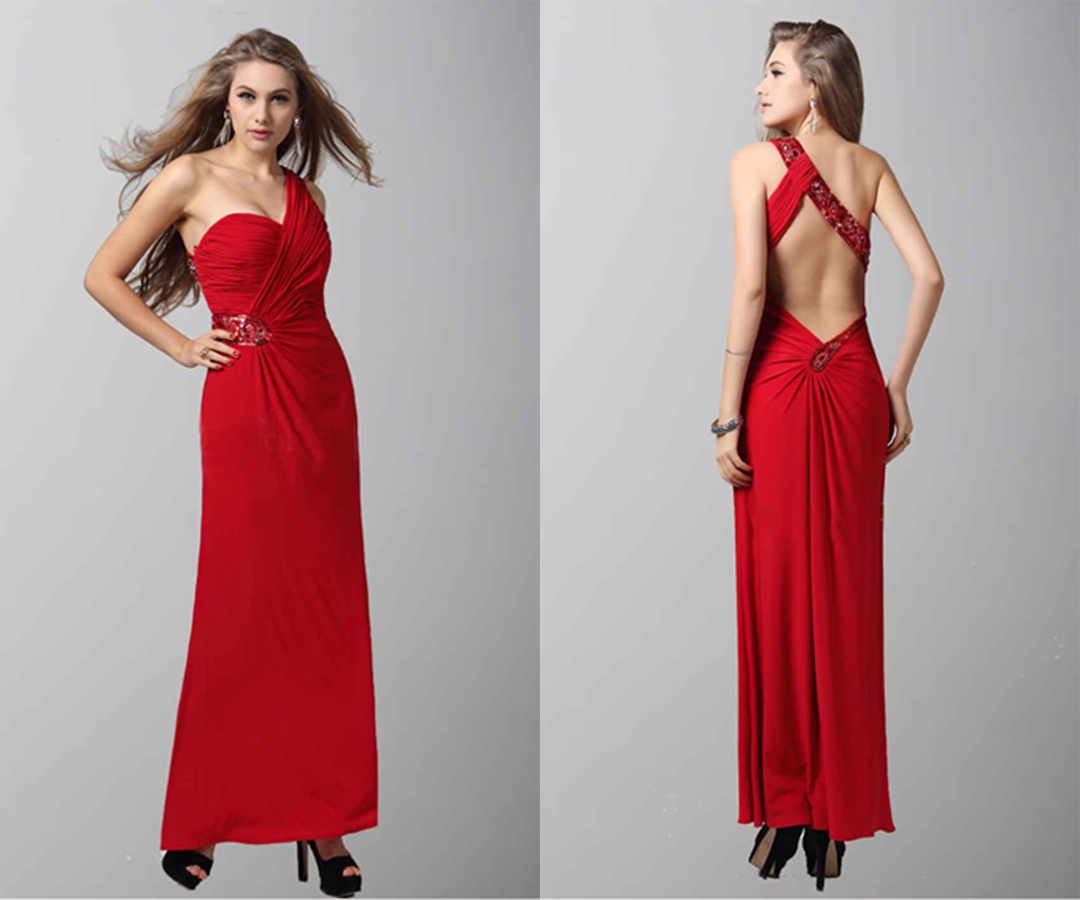 Brilliant Red One Shoulder Plicated Sequined Prom Dress