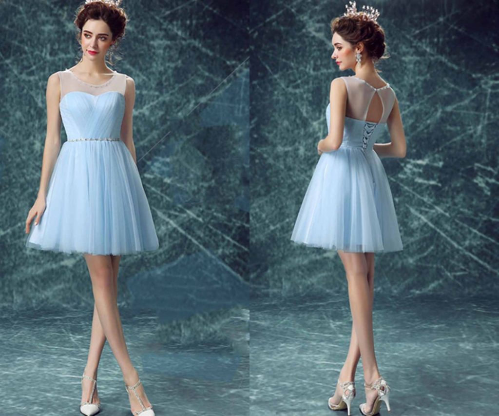 Cute Blue Illusion Prom Dress Short Keyhole Back