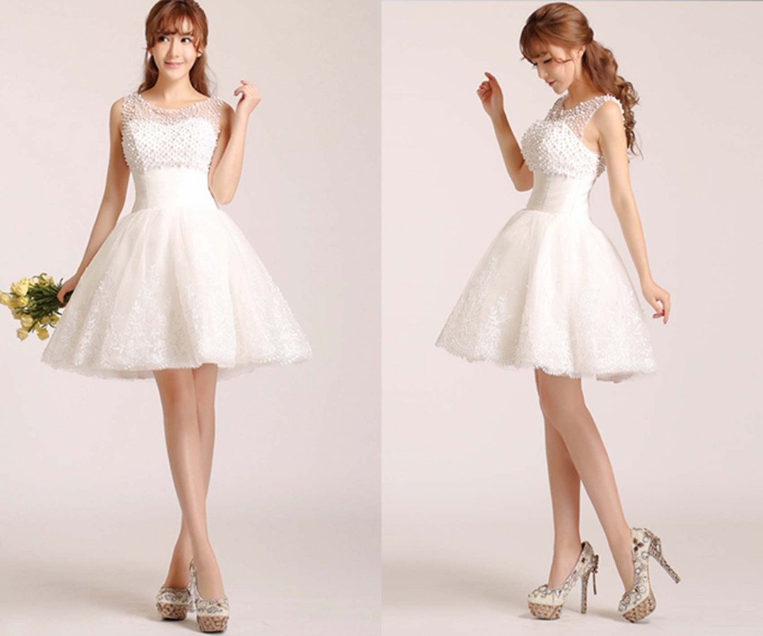 Cute White Short Lace Prom Dress with Pearl Mesh Top