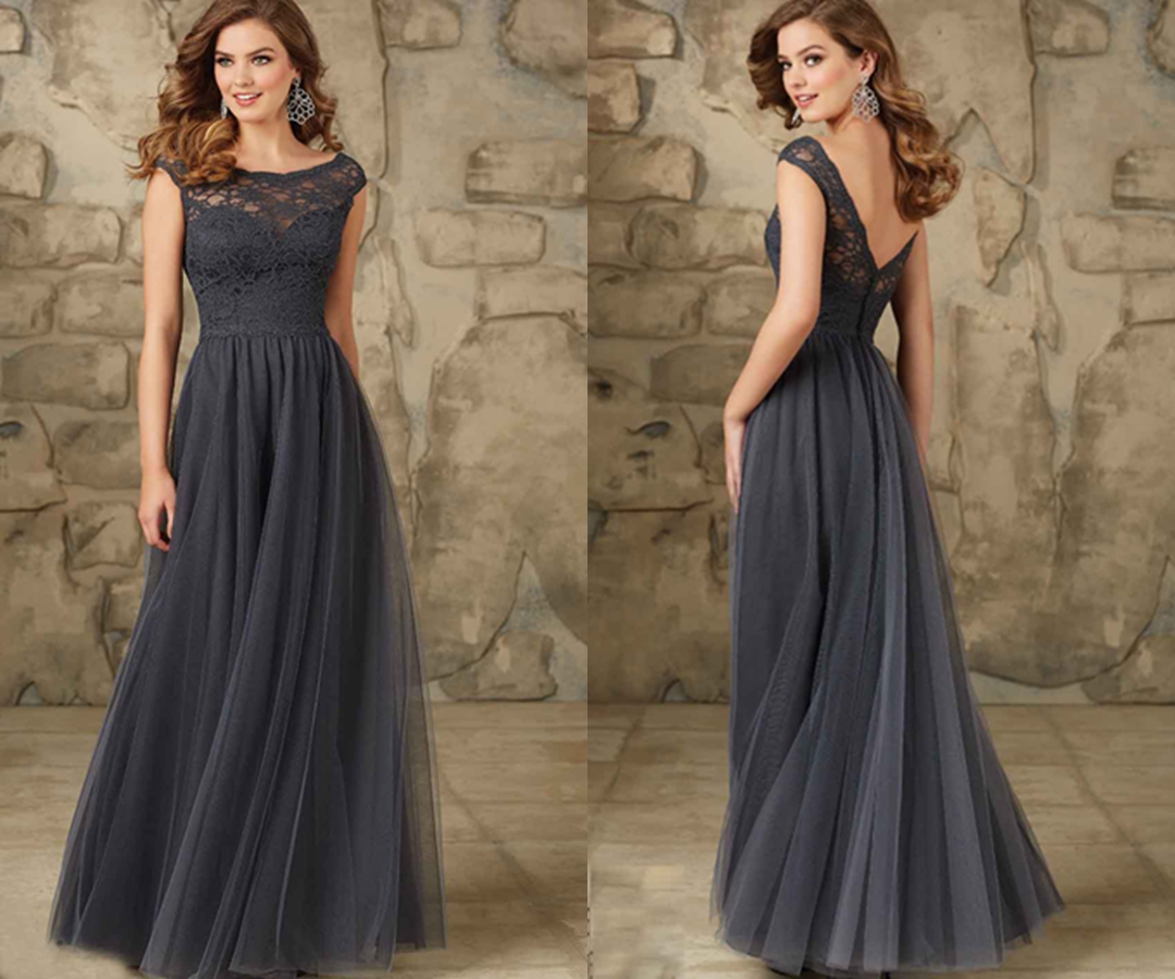 Dark Gray Long Lace Bridesmaid Dresses