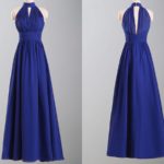 Elegance Blue High Neck Keyhole Long Bridesmaid Dress