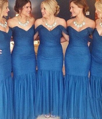 Blue Ruched Mermaid Bridesmaid Dresses Off the shoulder Maid of Honor Dresses