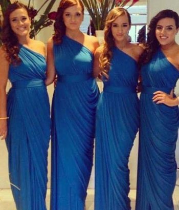 Elegant Blue One Shoulder Sleeveless Floor Length Ruffles Sheath Bridesmaid Dresses