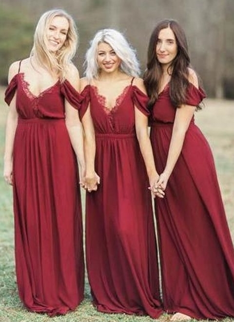 Elegant Burgundy Chiffon Bridesmaid Dresses Off-the-Shoulder A-line Wedding Party Dress