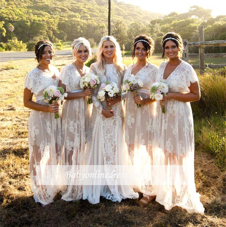 Elegant Capped-Sleeves Sheer Lace V-Neck Long Bridesmaid Dresses
