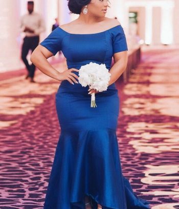 Elegant Off-The-Shoulder Mermaid Bridesmaid Dresses Royal Blue Short Sleeves Evening Dresses