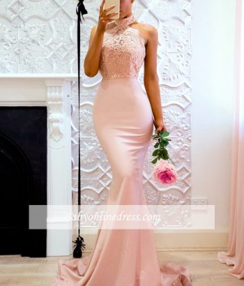 Elegant Pink Mermaid Bridesmaid Dresses High Neck Lace Formal Dresses