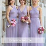 Halter-Neck Tulle Long Lavender Ruched Elegant Bridesmaid Dresse