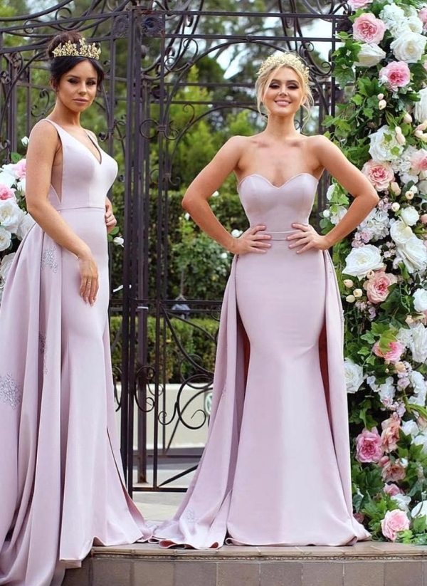 New Mermaid Bridesmaid Dresses Long Sleeves Wedding Party Dresses with Overskirt
