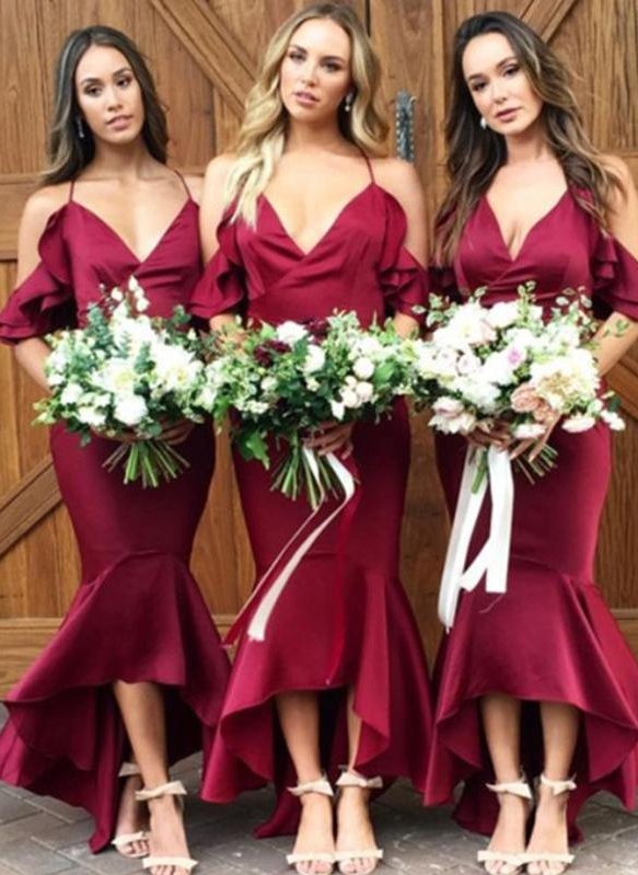 Sexy High-Low Mermaid Bridesmaid Dresses Simple Spaghetti Straps Ruffles Wedding Party Dresses