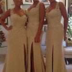 Sexy Lace Mermaid Bridesmaid Dresses Side Slit Beaded Prom Dresses with Buttons