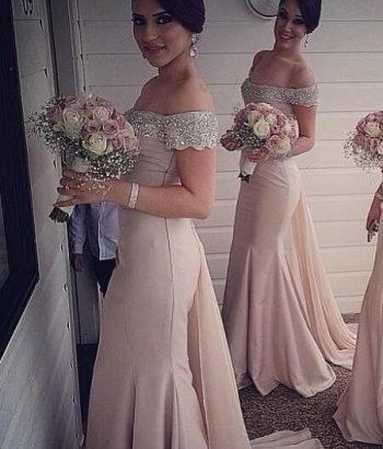 Sexy Off-the-Shoulder Mermaid Bridesmaid Dresses Sweep Train Beaded Party Dresses