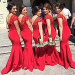 Sexy Red Lace V-Neck Mermaid Bridesmaid Dresses Sweep Train Prom Dresses with Buttons