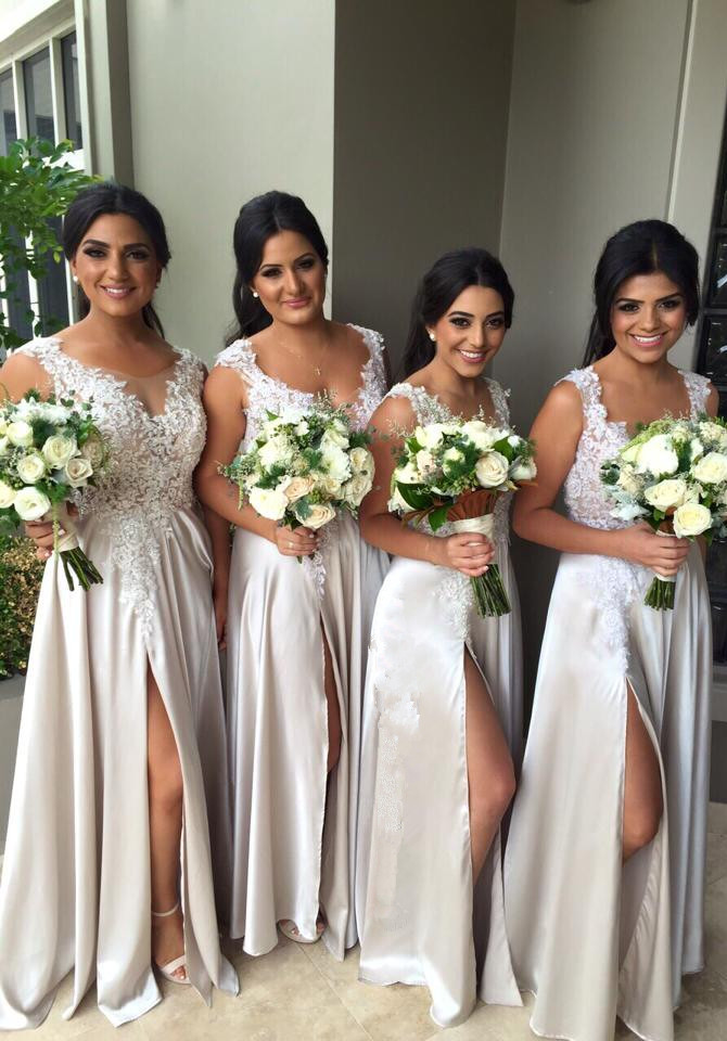White Lace Appliques Bridesmaid Dresses A-Line Side Slit Party Gowns