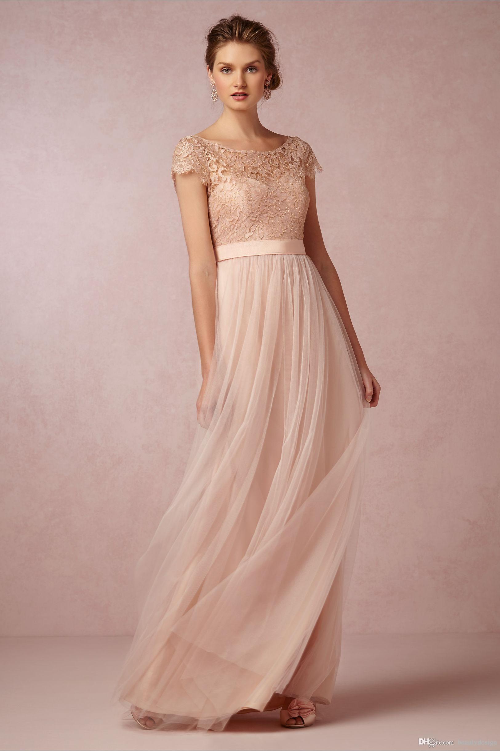2017 Vintage Allık Dantel Uzun Gelinlik Modelleri Illusion Bateau pink bridesmaid dress
