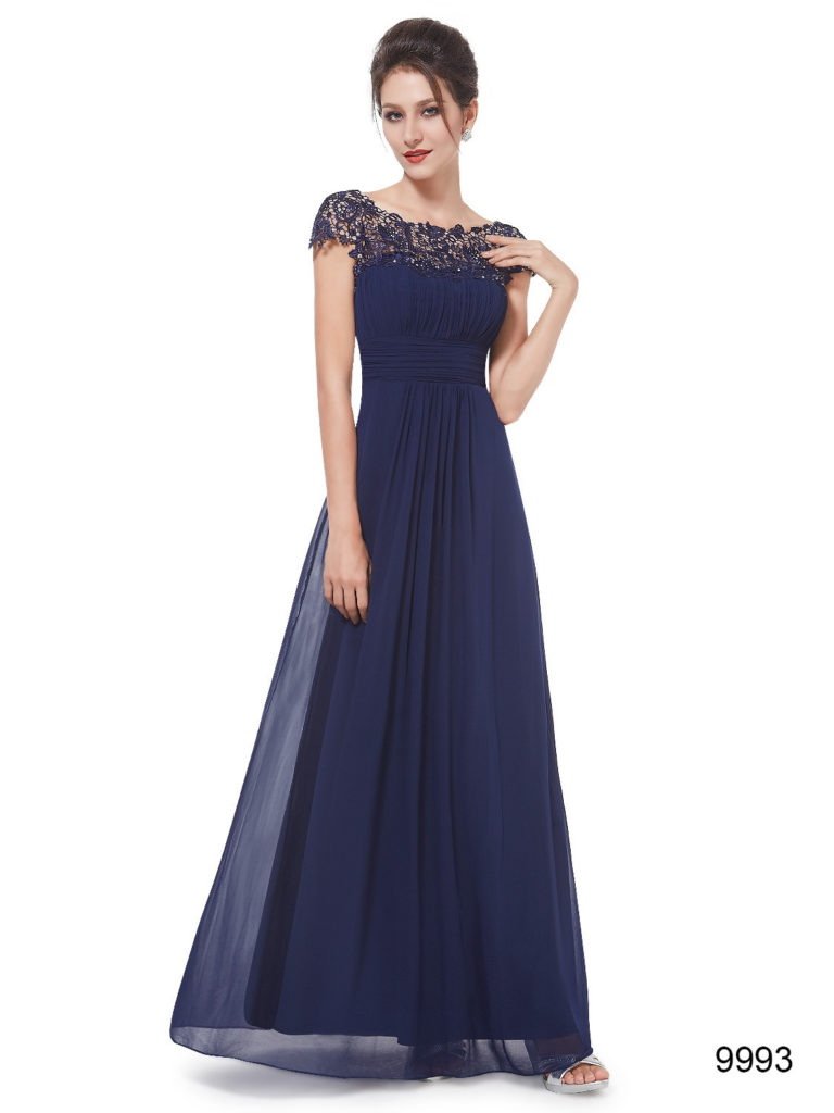 Blue Lacey Neckline Open Back Ruched Bust Bridesmaid Dress