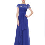 Boat Neck Sheer Lace Top Bridesmaid Dress Royal Blue