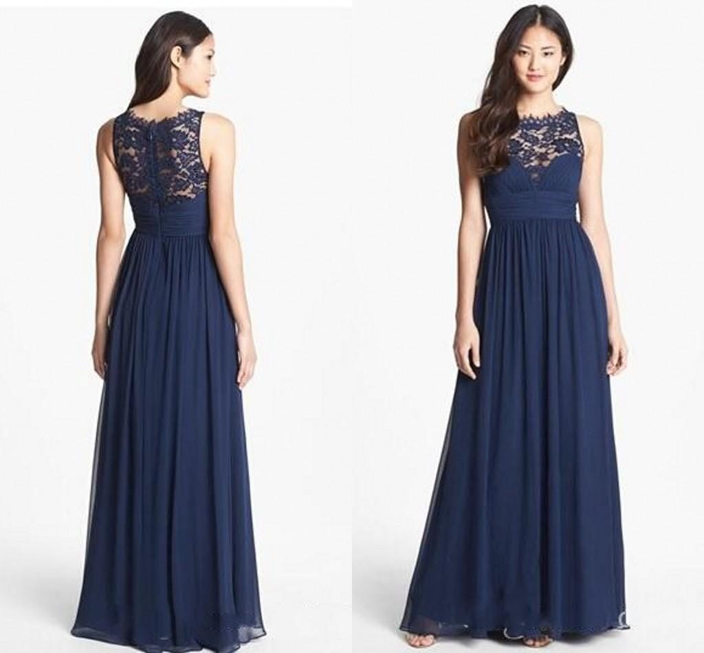 Long navy blue lace bridesmaid dresses