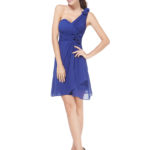 Non-removable flowers on the shoulder blue bridesmaid dress