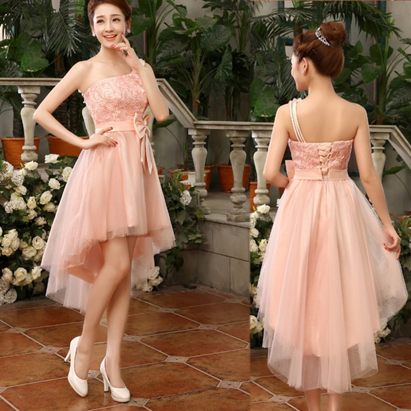 One Shoulder High Low Pink Bridesmaid Dress With Bow Elegant Bridesmaid Dress