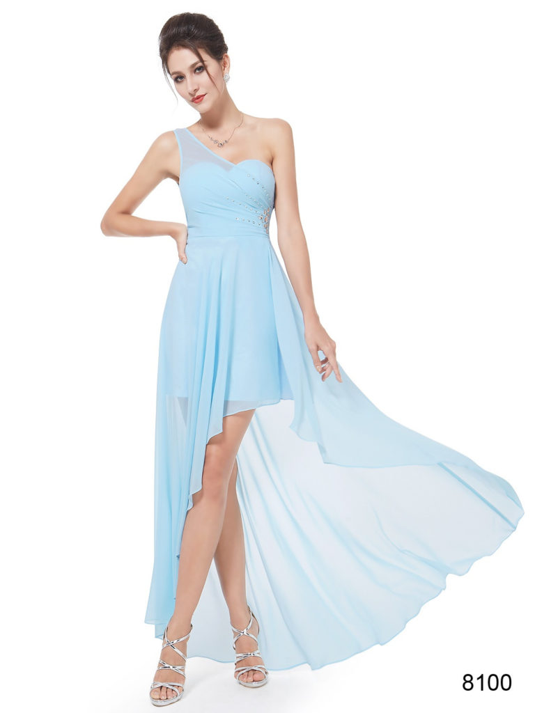 One Shoulder Rhinestones Baby Blue Chiffon Hi-low Bridesmaid Dress