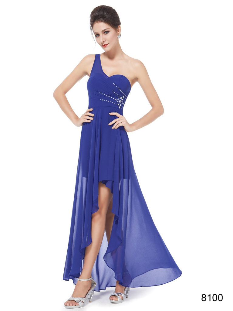 One Shoulder Rhinestones Royal Blue Chiffon Hi-low Bridesmaid Dress