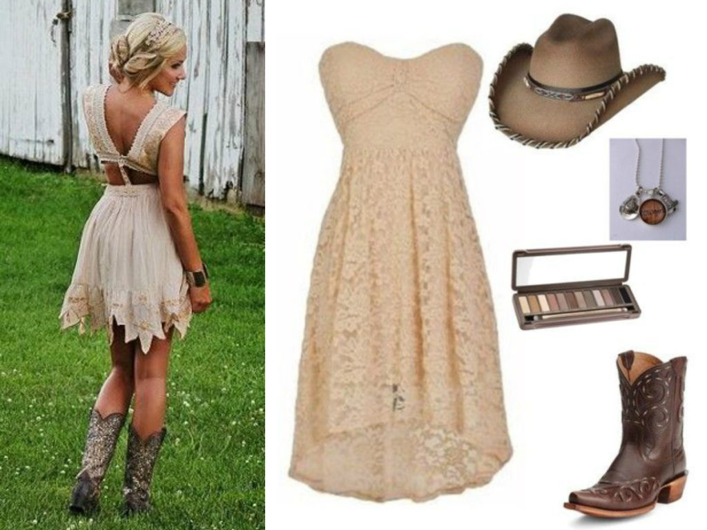 beige bridesmaid dress with cowboy boots