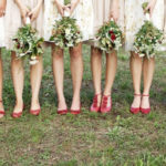 beige bridesmaid dresses with red shoes