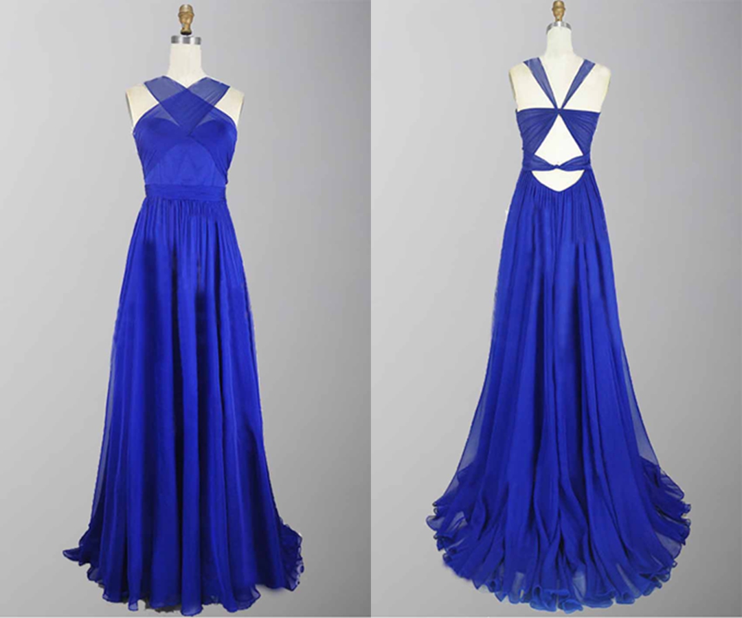 Blue Cross Strap Cut Out Back Long Prom Party Dress
