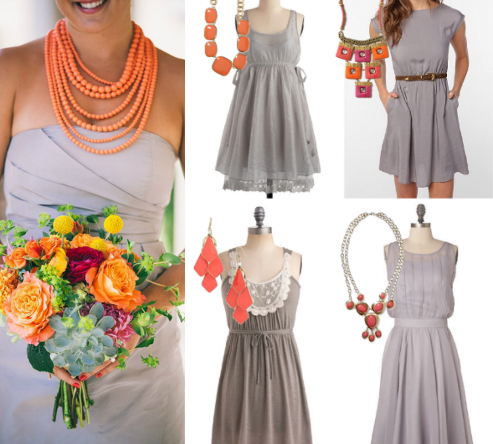 Gray bridesmaid dresses coral necklace