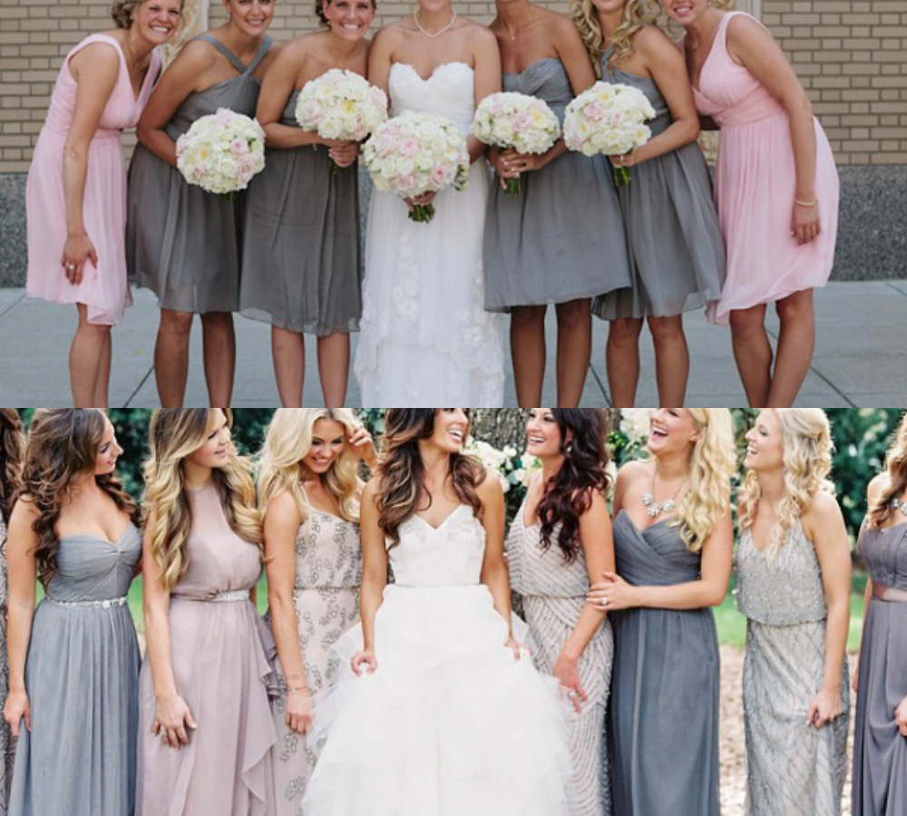 light pink and gray bridesmaid dresses