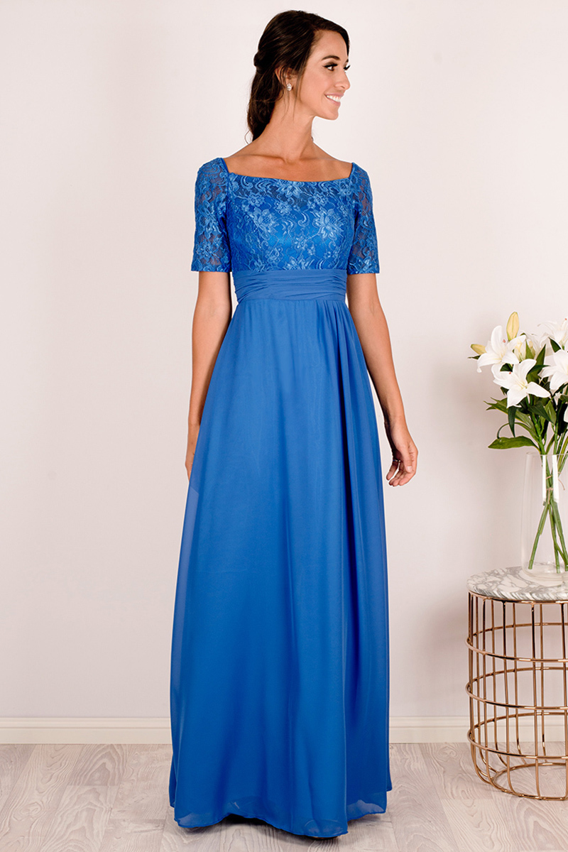Blue Half Lace Sleeved Chiffon Bridesmaid Dress