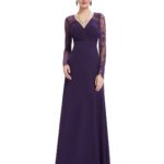 Purple V Neck Mother Of the Bride Dress with Long Lace Sleeves
