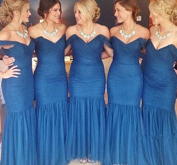 Blue Ruched Mermaid Bridesmaid Dresses Off the shoulder Maid of Honor Dresses