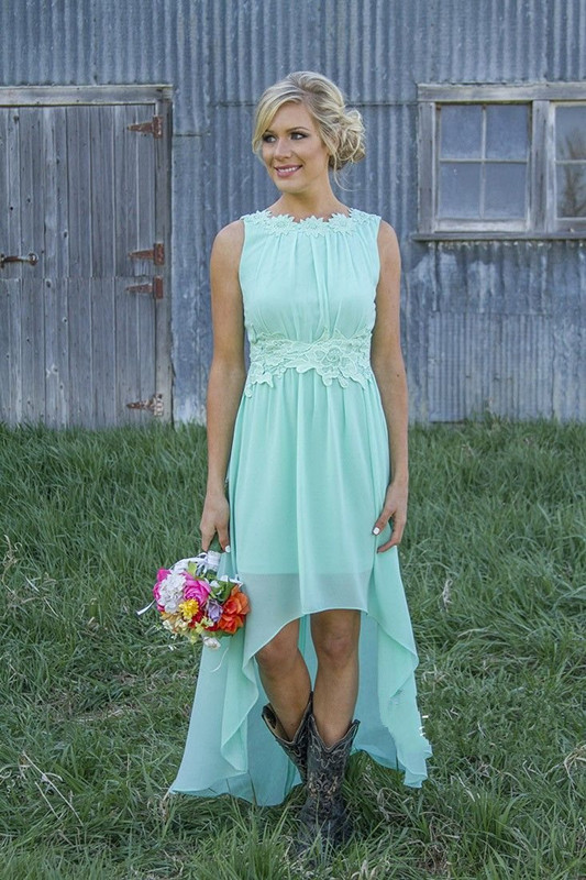 Cheap A-Line Mint Chiffon Bridesmaid Dresses Appliques Hi-Lo Prom Dresses