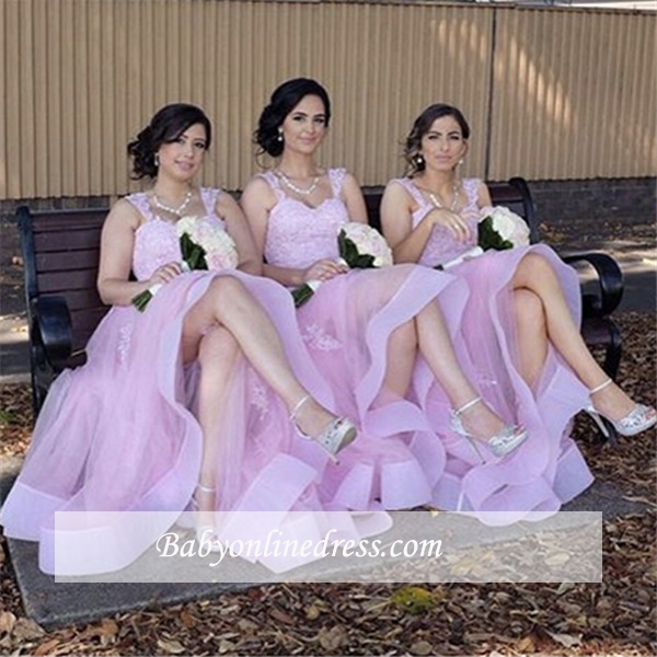 Elegant Appliques A-Line Straps Tulle Lace Bridesmaid Dresses