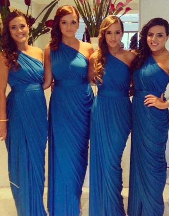 Elegant Blue One Shoulder Sleeveless Floor Length Ruffles Sheath Bridesmaid Dresses