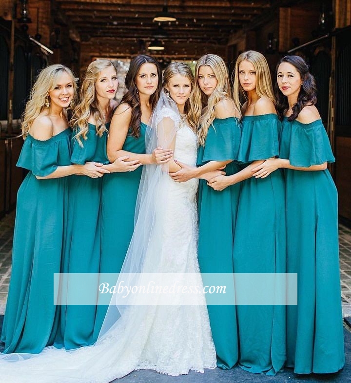 Elegant Hunter Off Chiffon Wedding Elegant Shoulder Long Party Green Bridesmaid Dres