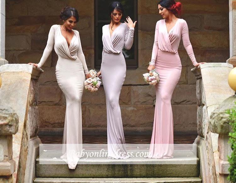 Elegant Long Sleeves V-neck Sheath Floor-length Bridesmaid Dress